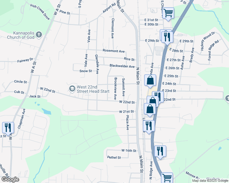 map of restaurants, bars, coffee shops, grocery stores, and more near 2207 Brookview Avenue in Kannapolis
