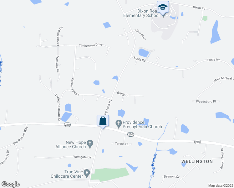 map of restaurants, bars, coffee shops, grocery stores, and more near 24 Bridle Drive in Angier