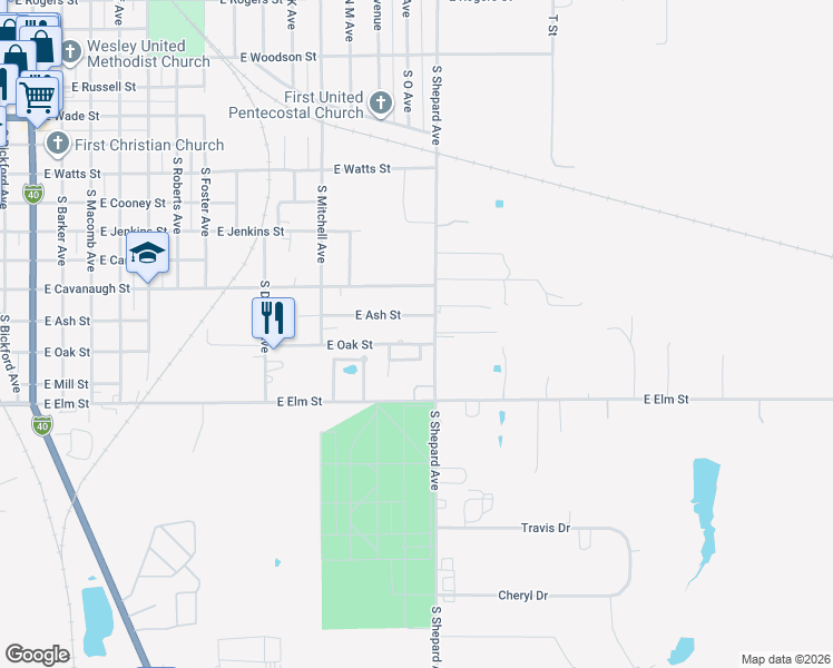 map of restaurants, bars, coffee shops, grocery stores, and more near 1321 East Oak Street in El Reno