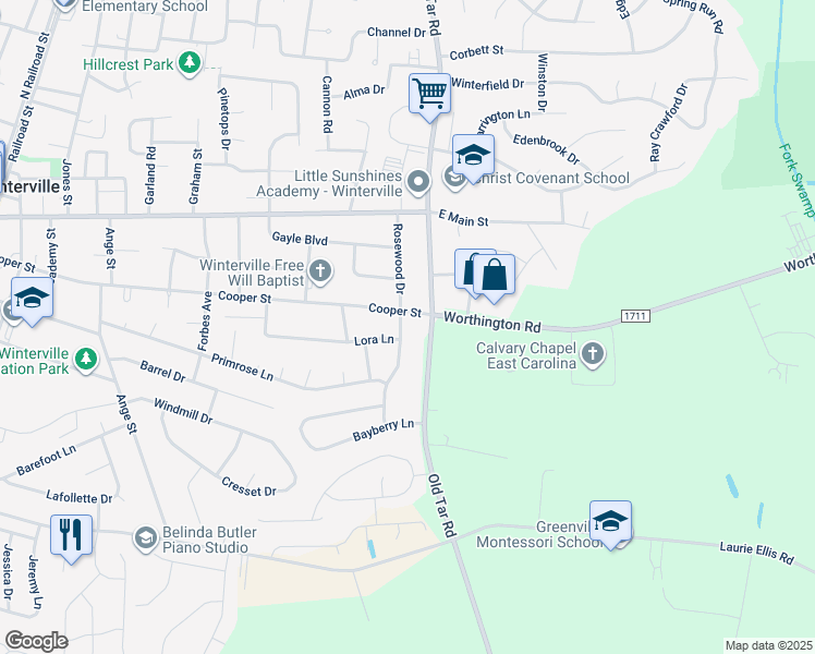 map of restaurants, bars, coffee shops, grocery stores, and more near 2607 Rosewood Drive in Winterville