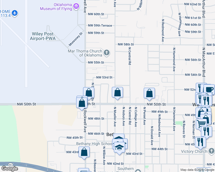map of restaurants, bars, coffee shops, grocery stores, and more near 5215 North Willow Avenue in Bethany