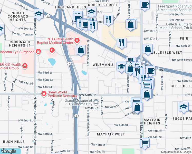 map of restaurants, bars, coffee shops, grocery stores, and more near 3225 North Hamilton Drive in Oklahoma City