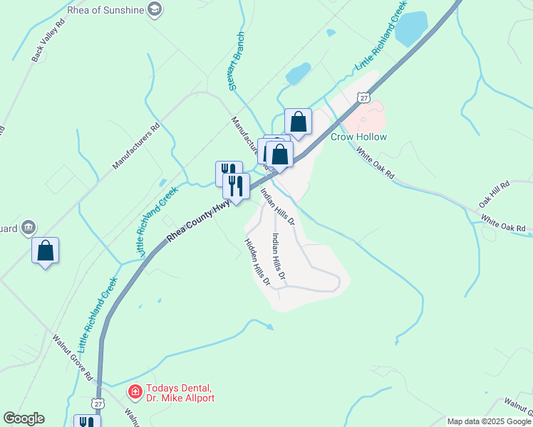 map of restaurants, bars, coffee shops, grocery stores, and more near 197 Hidden Hills Drive in Dayton