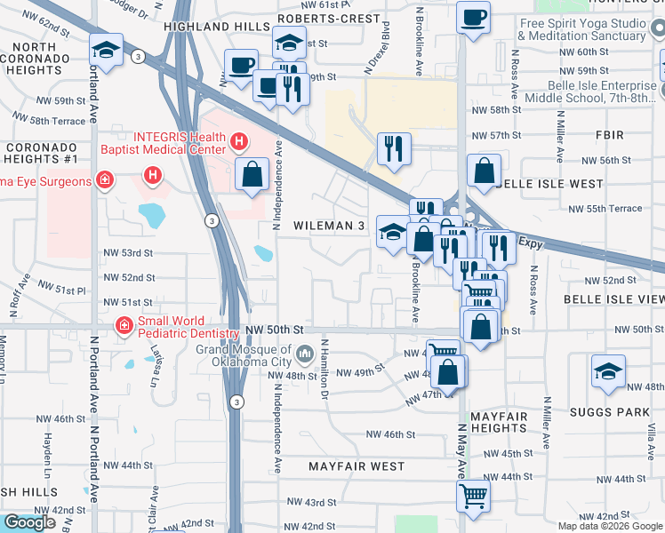 map of restaurants, bars, coffee shops, grocery stores, and more near 3200 Northwest 54th Street in Oklahoma City
