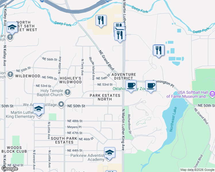 map of restaurants, bars, coffee shops, grocery stores, and more near 1836 Northeast 53rd Street in Oklahoma City