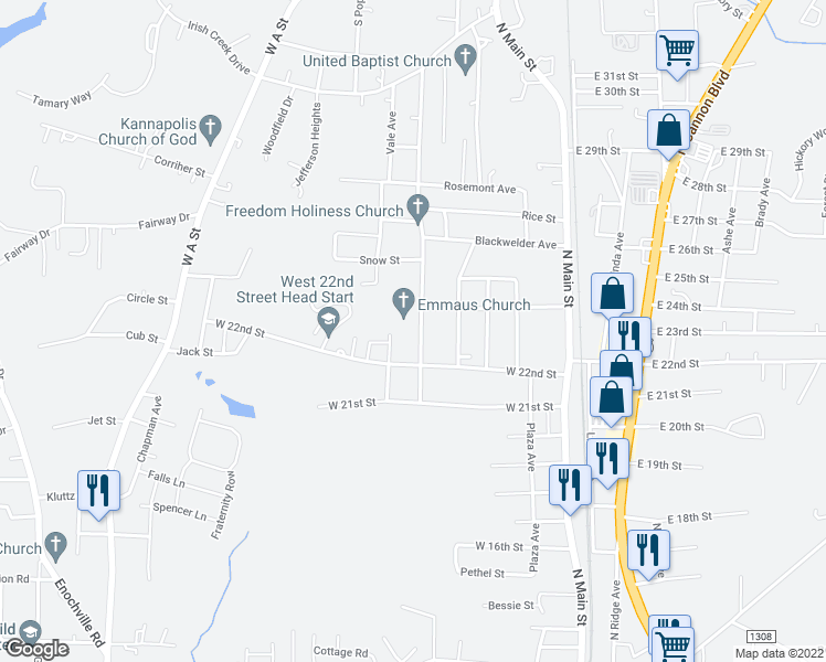 map of restaurants, bars, coffee shops, grocery stores, and more near 2209 Glendale Avenue in Kannapolis