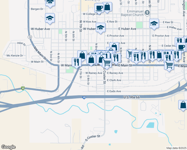 map of restaurants, bars, coffee shops, grocery stores, and more near 208 West Rainey Avenue in Weatherford