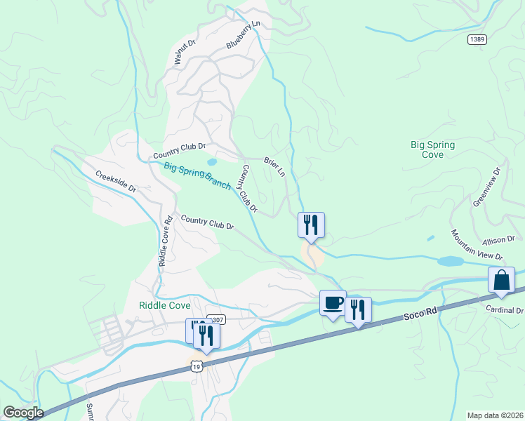 map of restaurants, bars, coffee shops, grocery stores, and more near 1429 Country Club Drive in Maggie Valley
