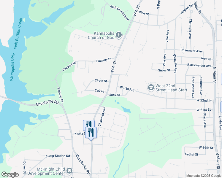 map of restaurants, bars, coffee shops, grocery stores, and more near 1804 West A Street in Kannapolis