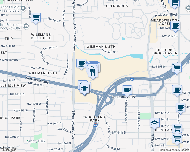 map of restaurants, bars, coffee shops, grocery stores, and more near 1901 Northwest Expressway in Oklahoma City