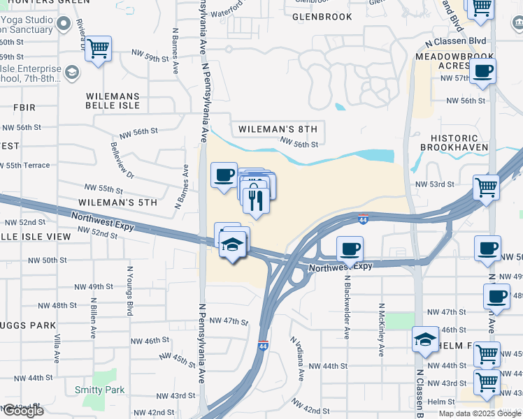 map of restaurants, bars, coffee shops, grocery stores, and more near 1901 Northwest Expressway in Oklahoma City