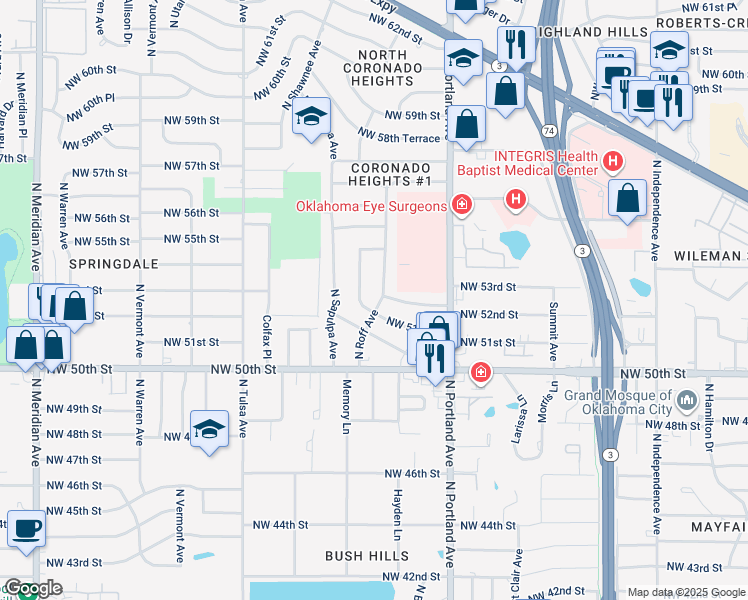 map of restaurants, bars, coffee shops, grocery stores, and more near 5504 North Shawnee Avenue in Oklahoma City