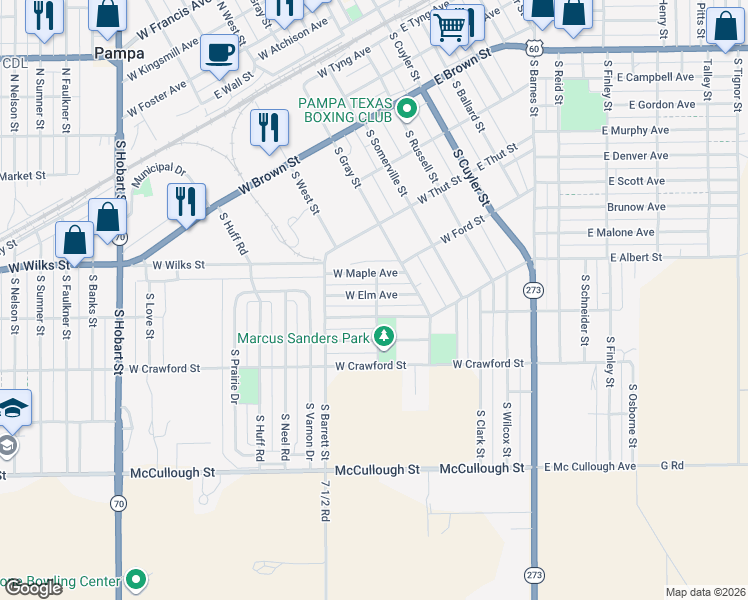 map of restaurants, bars, coffee shops, grocery stores, and more near 900-902 Octavus Street in Pampa