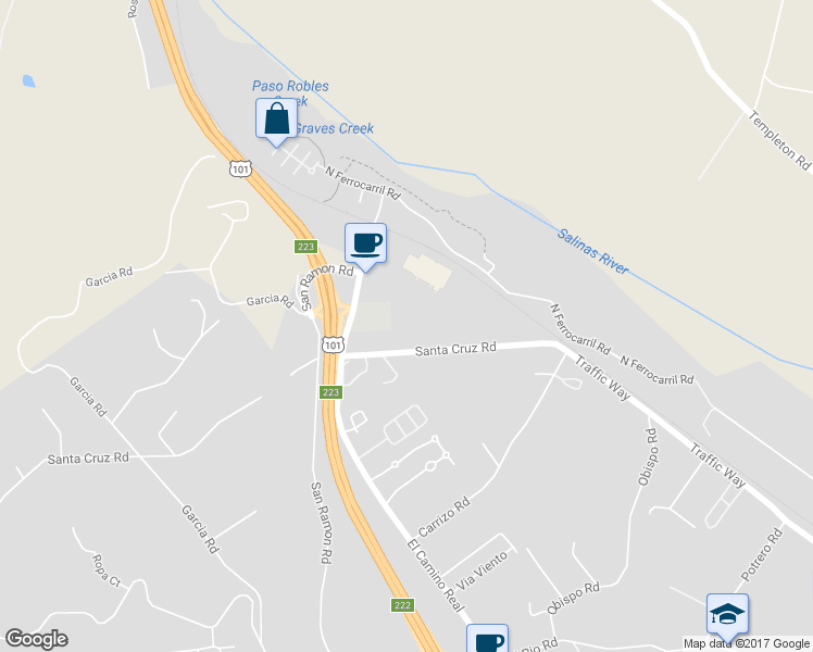 map of restaurants, bars, coffee shops, grocery stores, and more near 5000 Santa Cruz Road in Atascadero
