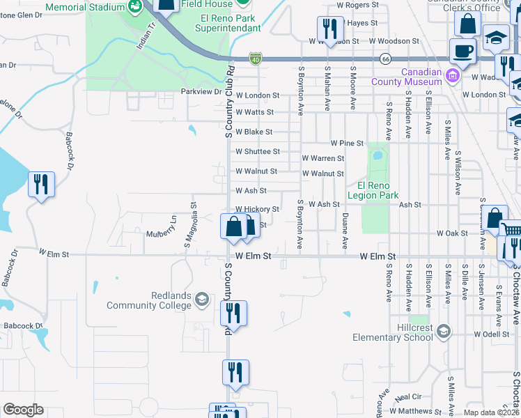 map of restaurants, bars, coffee shops, grocery stores, and more near 1513 West Hickory Street in El Reno