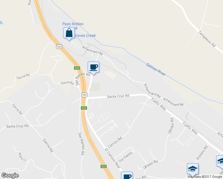 map of restaurants, bars, coffee shops, grocery stores, and more near 5000 Santa Cruz Road in Atascadero