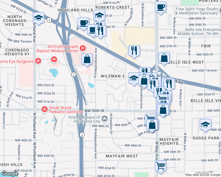 map of restaurants, bars, coffee shops, grocery stores, and more near 3200 Northwest 54th Street in Oklahoma City