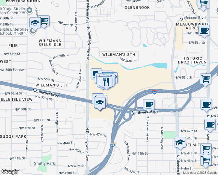 map of restaurants, bars, coffee shops, grocery stores, and more near 1901 Northwest Expressway in Oklahoma City