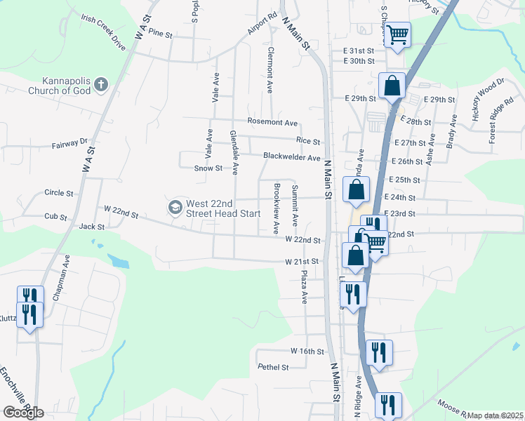 map of restaurants, bars, coffee shops, grocery stores, and more near 2210 Brookside Avenue in Kannapolis