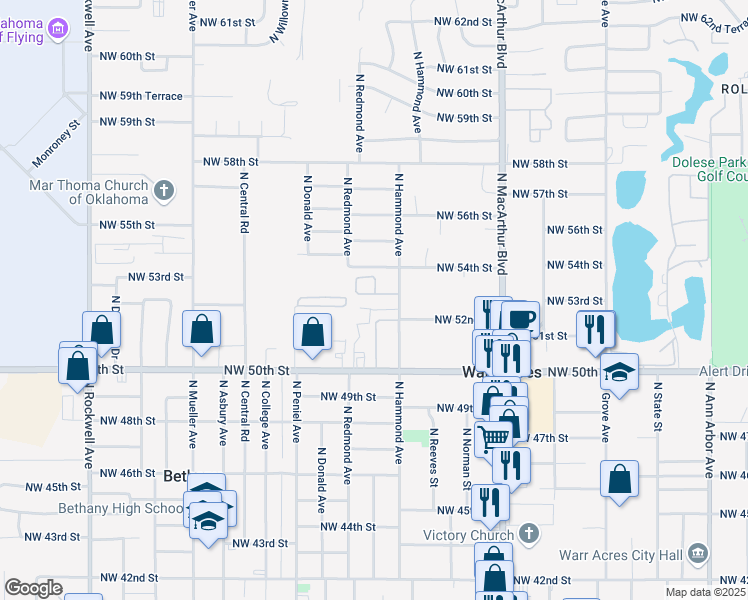 map of restaurants, bars, coffee shops, grocery stores, and more near 6018 Northwest 53rd Terrace in Warr Acres