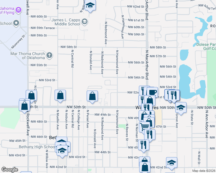 map of restaurants, bars, coffee shops, grocery stores, and more near 6018 Northwest 53rd Terrace in Warr Acres