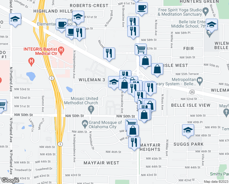 map of restaurants, bars, coffee shops, grocery stores, and more near 5401 North Brookline Avenue in Oklahoma City