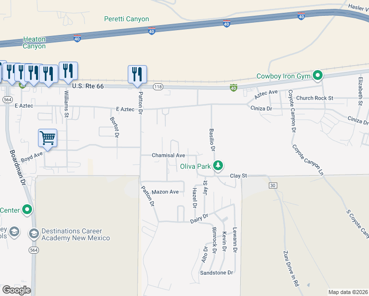 map of restaurants, bars, coffee shops, grocery stores, and more near 2875-2885 Chamisal Avenue in Gallup