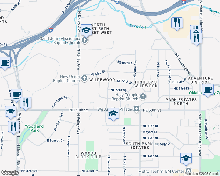 map of restaurants, bars, coffee shops, grocery stores, and more near 1304 Northeast 53rd Street in Oklahoma City