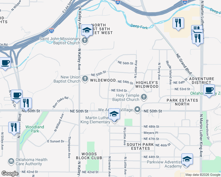 map of restaurants, bars, coffee shops, grocery stores, and more near 1304 Northeast 53rd Street in Oklahoma City