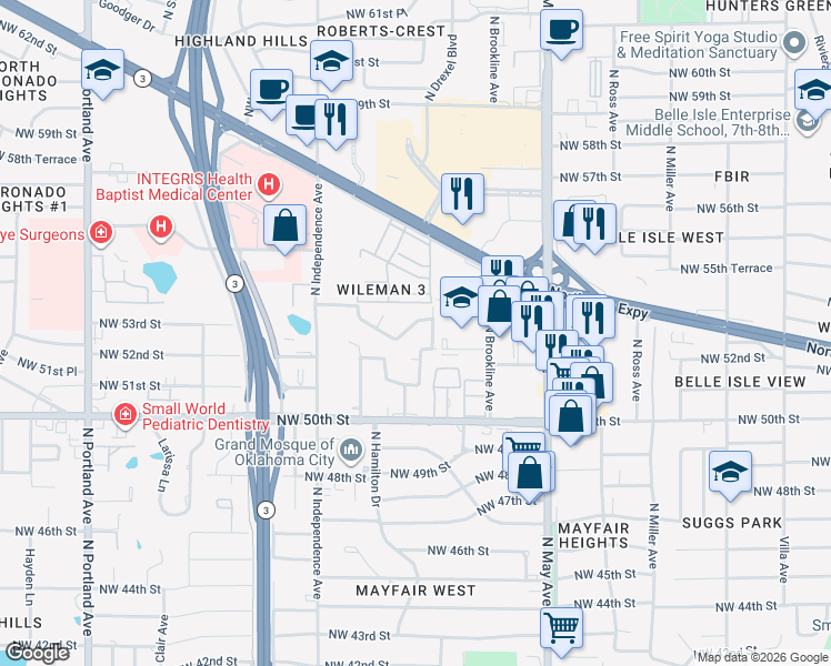 map of restaurants, bars, coffee shops, grocery stores, and more near 5325 North Drexel Boulevard in Oklahoma City