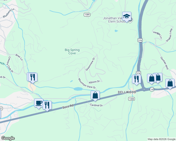 map of restaurants, bars, coffee shops, grocery stores, and more near 14 Greenview Drive in Maggie Valley
