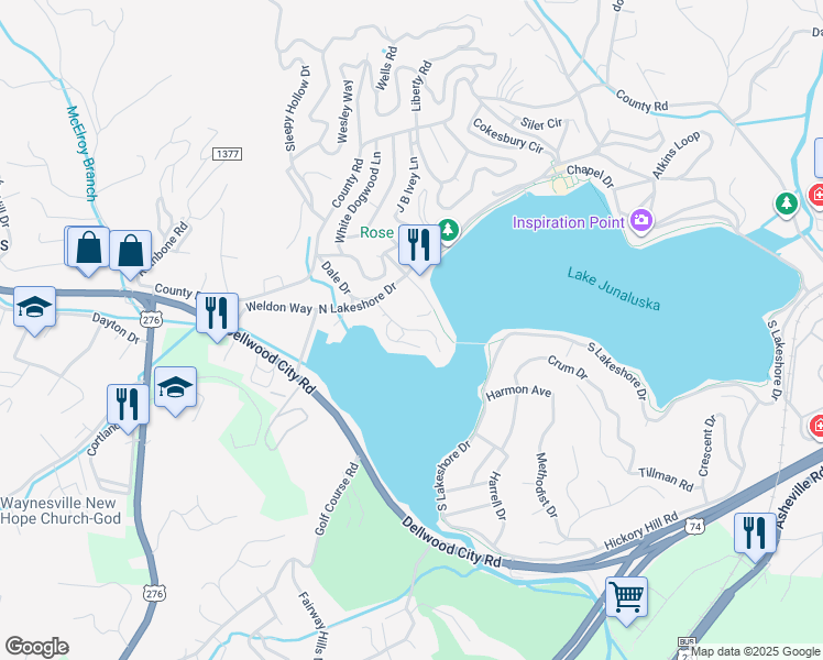 map of restaurants, bars, coffee shops, grocery stores, and more near 80 Shackford Hall Road in Lake Junaluska