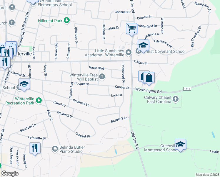 map of restaurants, bars, coffee shops, grocery stores, and more near 516 Cooper Street in Winterville