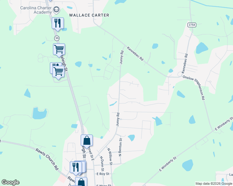 map of restaurants, bars, coffee shops, grocery stores, and more near 103 Stephen Lane in Angier