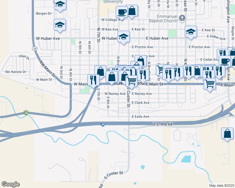 map of restaurants, bars, coffee shops, grocery stores, and more near 208 West Rainey Avenue in Weatherford