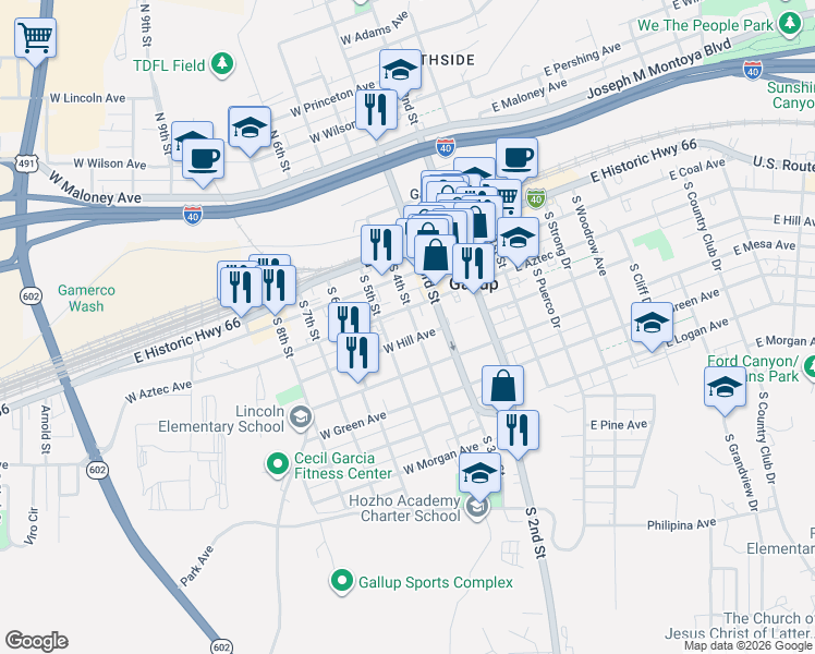 map of restaurants, bars, coffee shops, grocery stores, and more near 449 S 4th St in Gallup