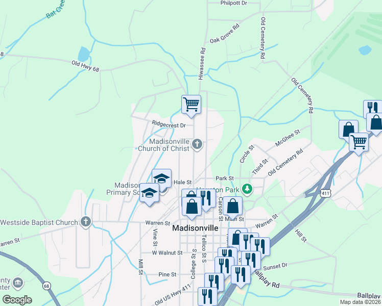 map of restaurants, bars, coffee shops, grocery stores, and more near 505 Monroe Street in Madisonville