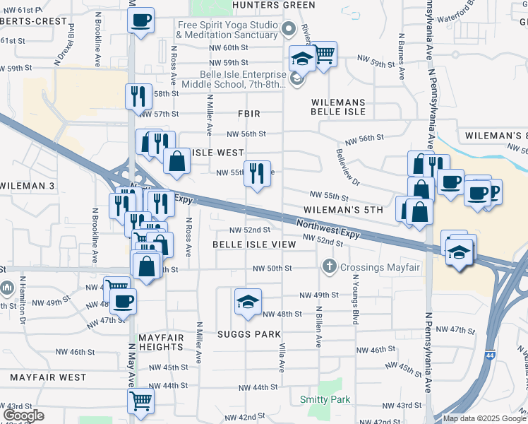 map of restaurants, bars, coffee shops, grocery stores, and more near Oklahoma 3A in Oklahoma City