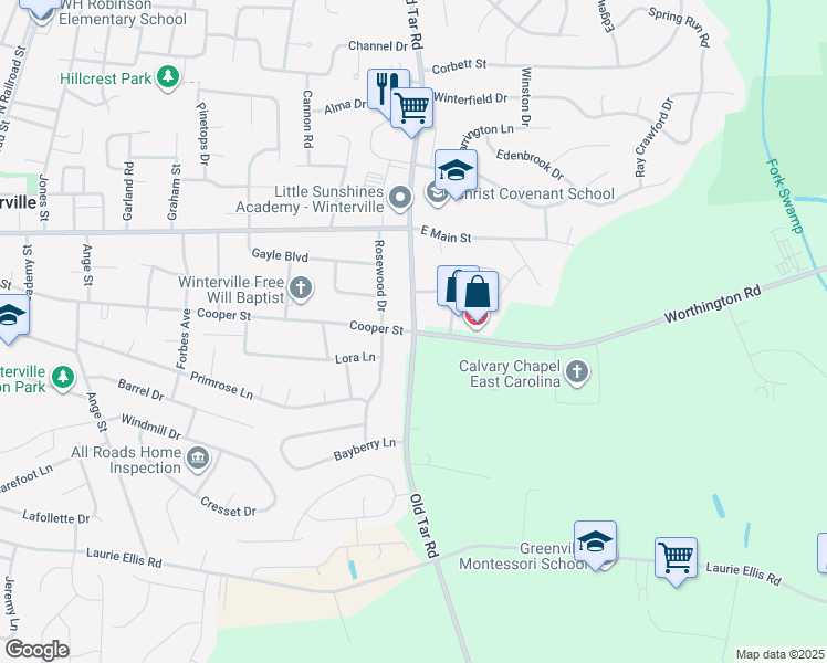 map of restaurants, bars, coffee shops, grocery stores, and more near 310 Tar Road in Winterville