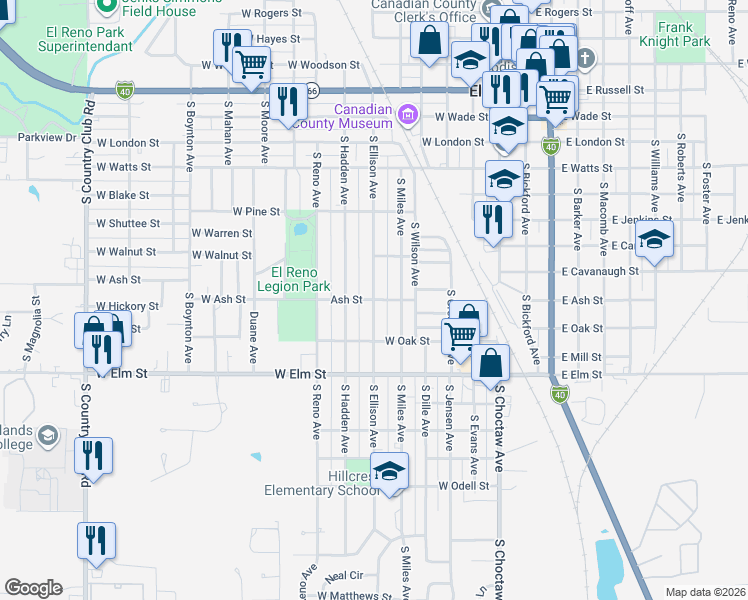 map of restaurants, bars, coffee shops, grocery stores, and more near 698 Ash Street in El Reno