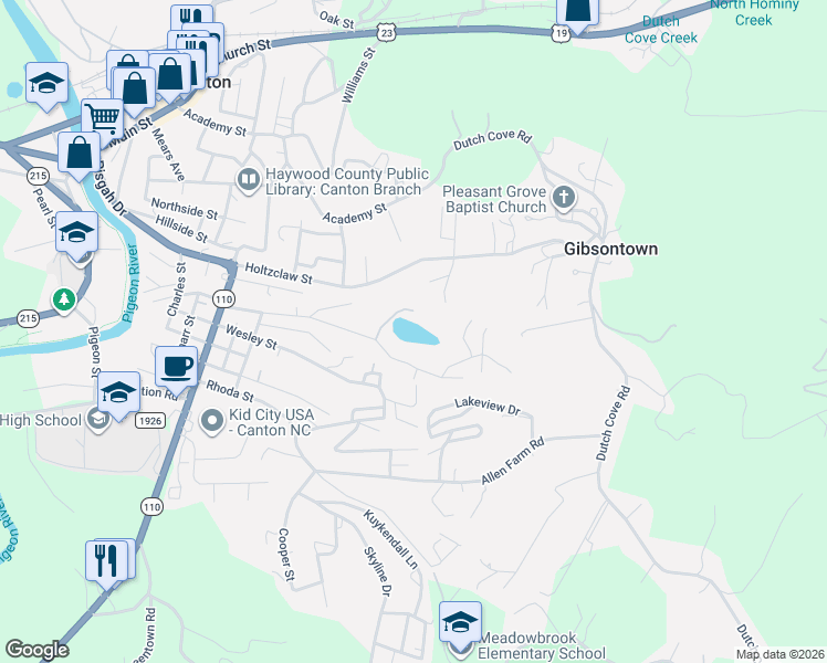 map of restaurants, bars, coffee shops, grocery stores, and more near 489 Johnson Drive in Canton