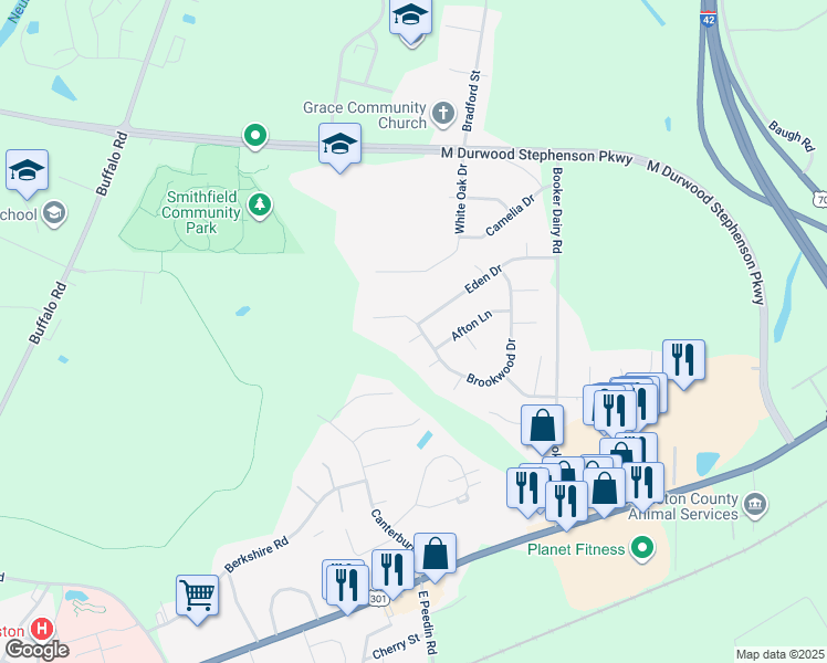 map of restaurants, bars, coffee shops, grocery stores, and more near 63 Brookwood Drive in Smithfield