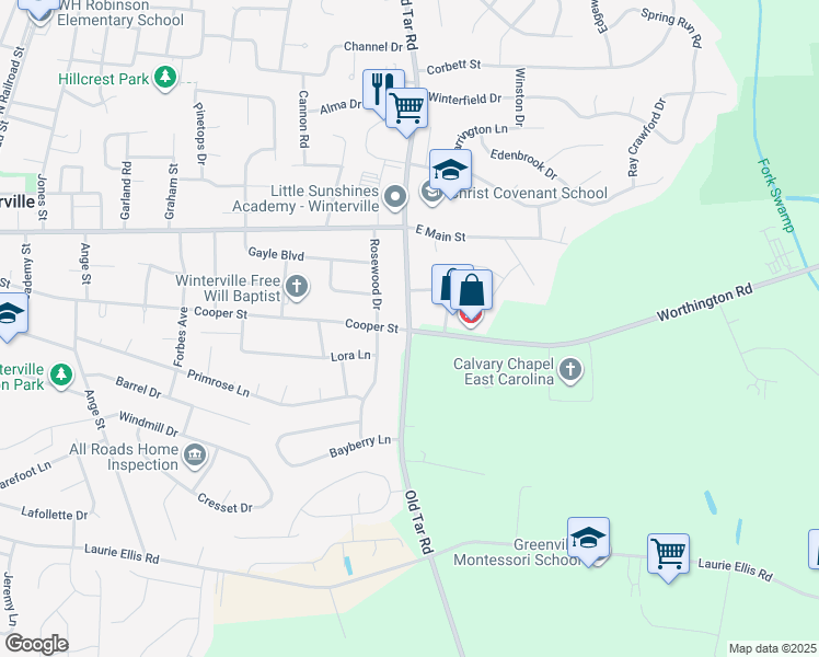 map of restaurants, bars, coffee shops, grocery stores, and more near 310 Tar Road in Winterville
