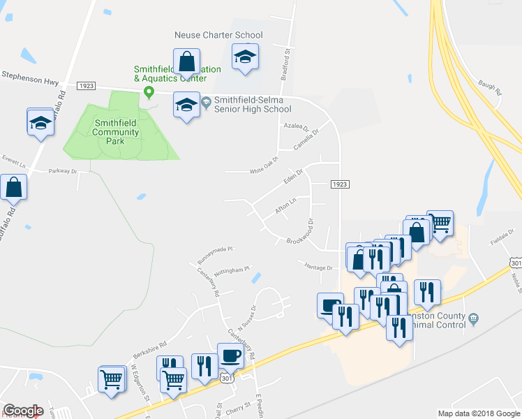 map of restaurants, bars, coffee shops, grocery stores, and more near 56 Brookwood Drive in Smithfield