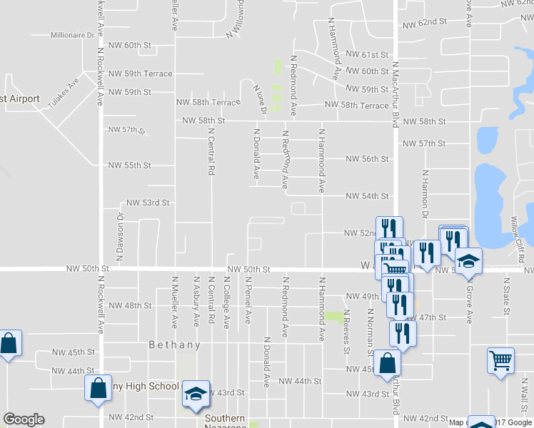map of restaurants, bars, coffee shops, grocery stores, and more near 5200 North Peniel Avenue in Bethany
