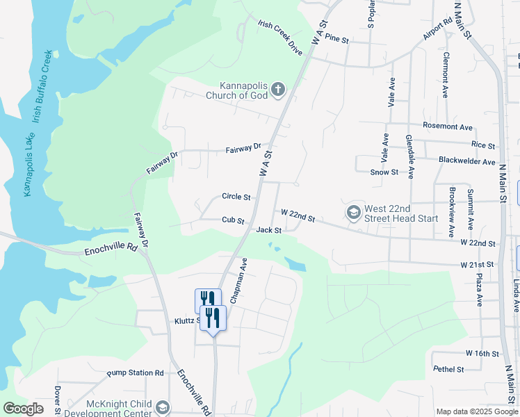 map of restaurants, bars, coffee shops, grocery stores, and more near 1808 West A Street in Kannapolis