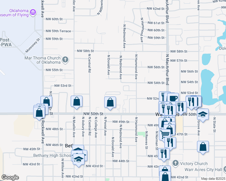map of restaurants, bars, coffee shops, grocery stores, and more near 5200 North Peniel Avenue in Bethany