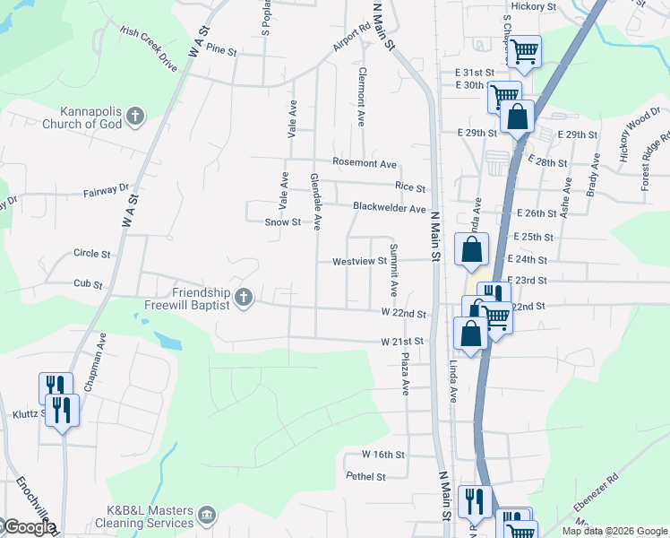 map of restaurants, bars, coffee shops, grocery stores, and more near 2209 Brookside Avenue in Kannapolis