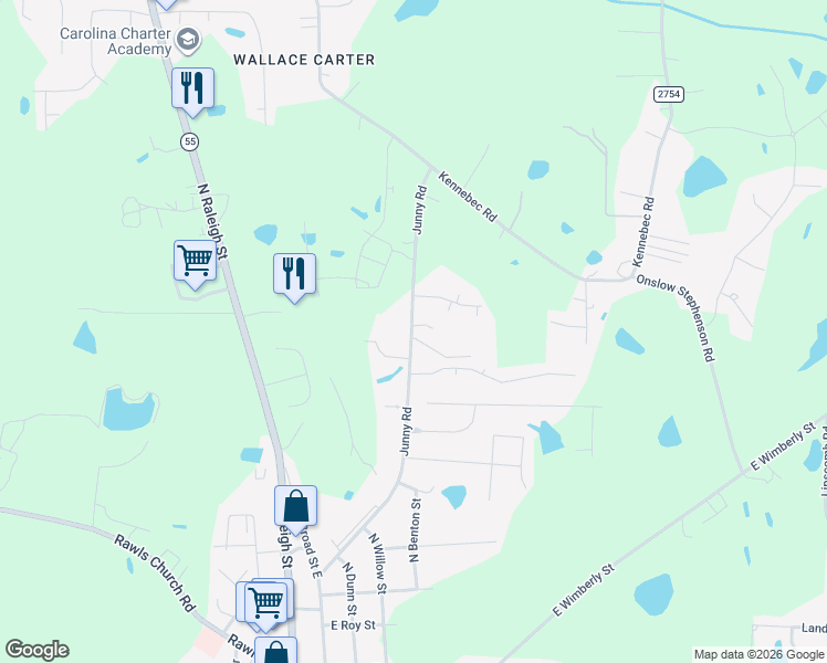map of restaurants, bars, coffee shops, grocery stores, and more near 103 Stephen Lane in Angier