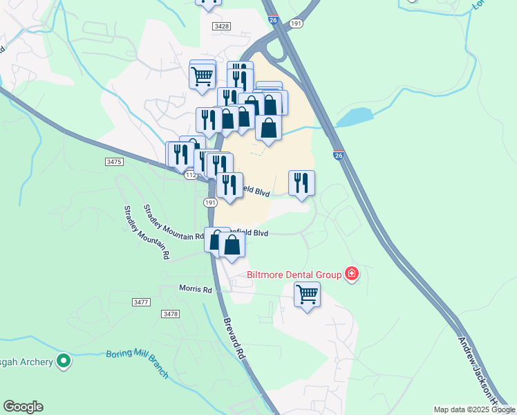 map of restaurants, bars, coffee shops, grocery stores, and more near 980 Brevard Road in Asheville